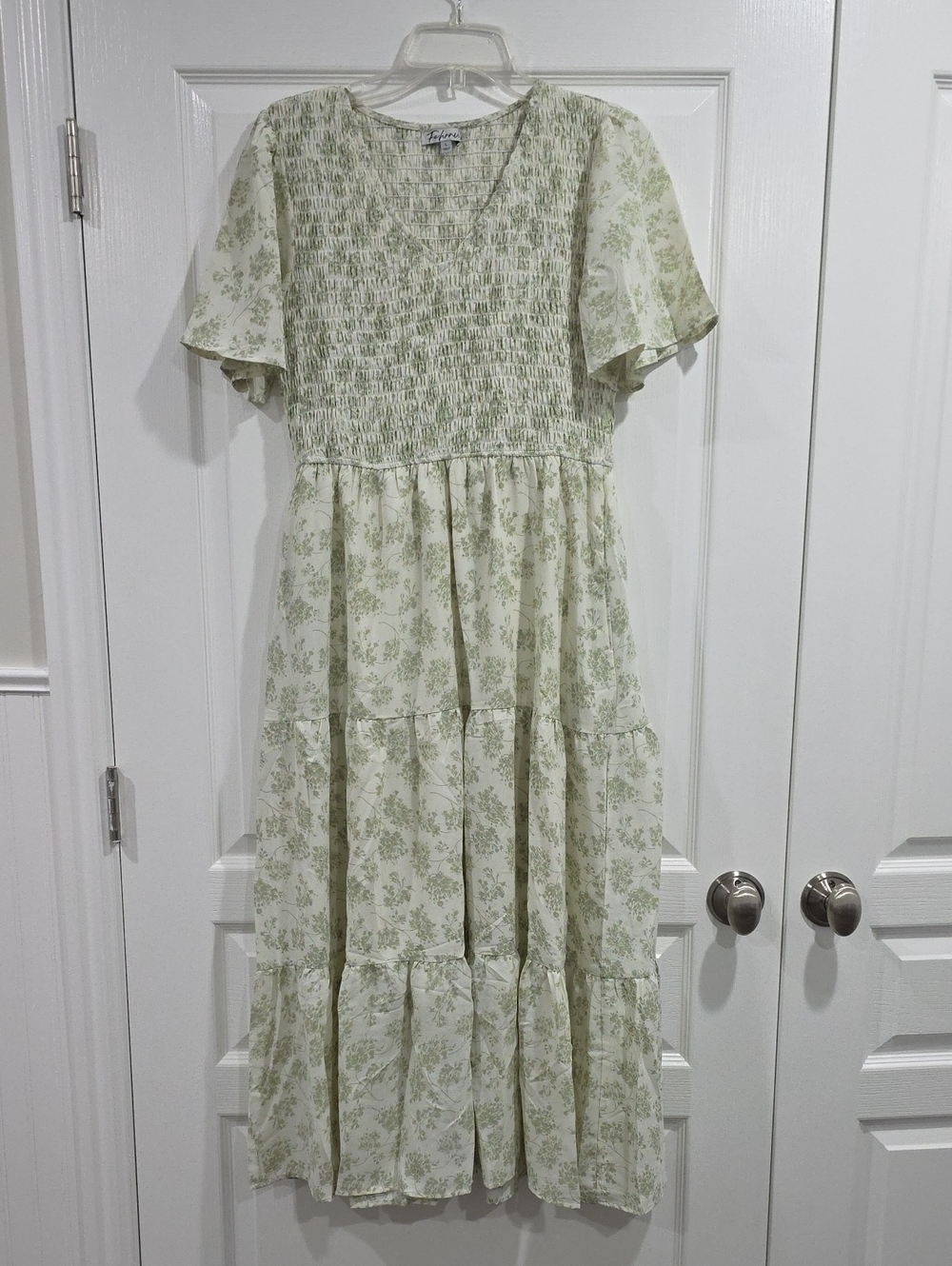 Light Green Floral Midi Dress with Smocked Bodice